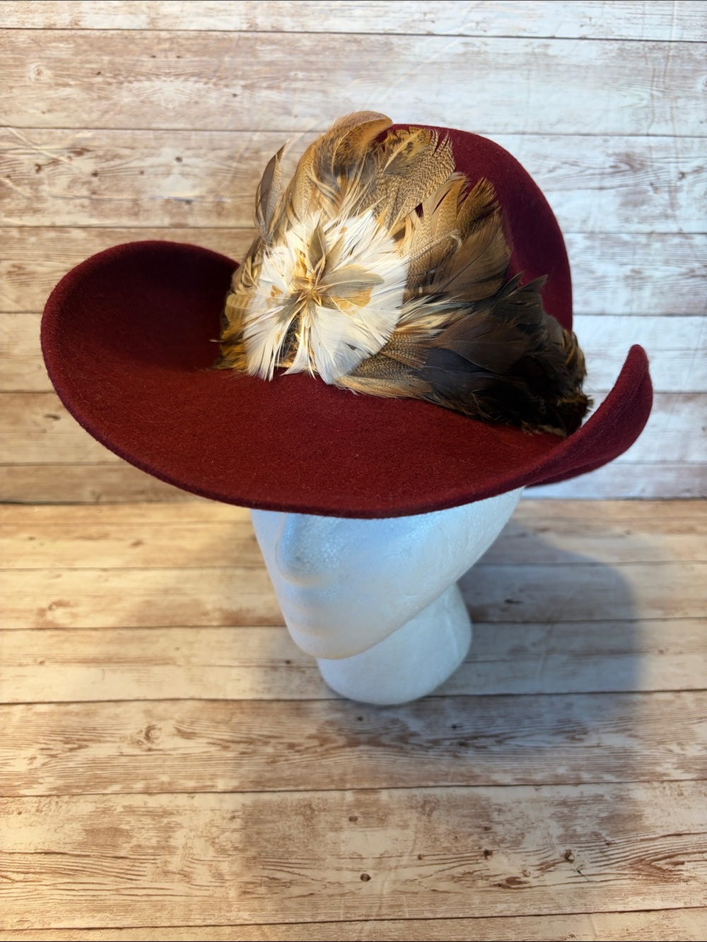 Classic Women's Burgundy Wool Felt Hat with Feather Accent